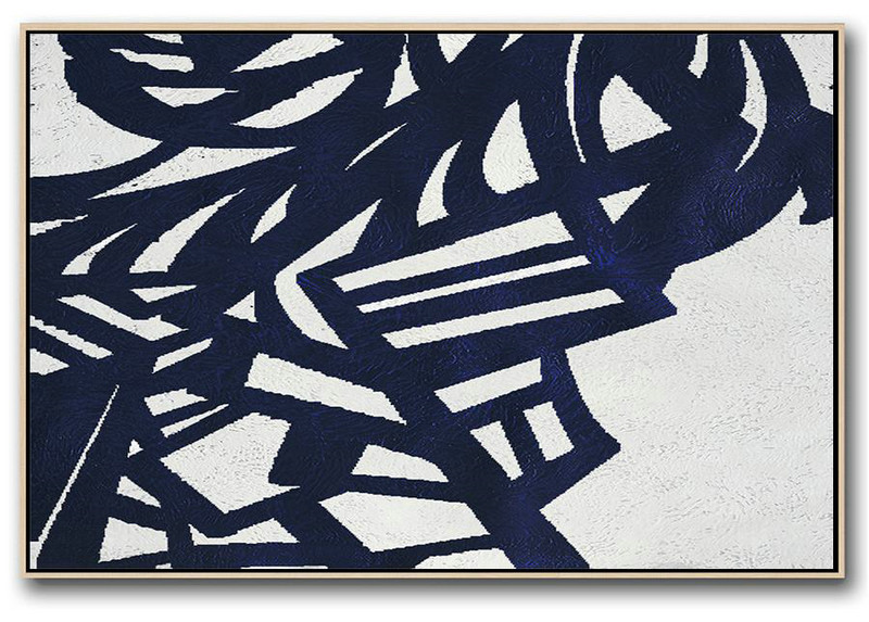 Hand-Painted Contemporary Art,Horizontal Navy Painting Abstract Minimalist Art On Canvas,Hand Painted Aclylic Painting On Canvas #T1M1